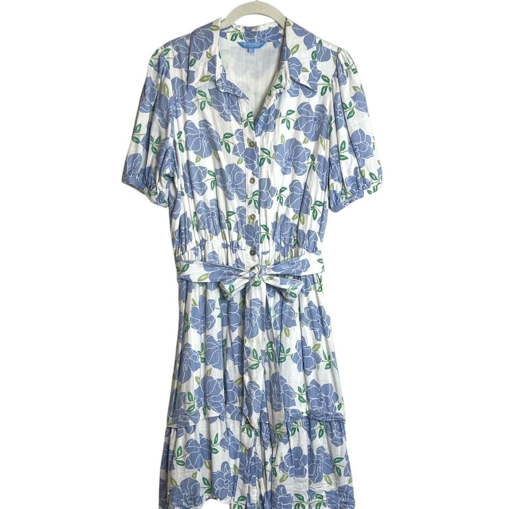 Draper James RSVP Womens Puff Sleeve Shirt Dress M Sky Floral Linen Blend Belted